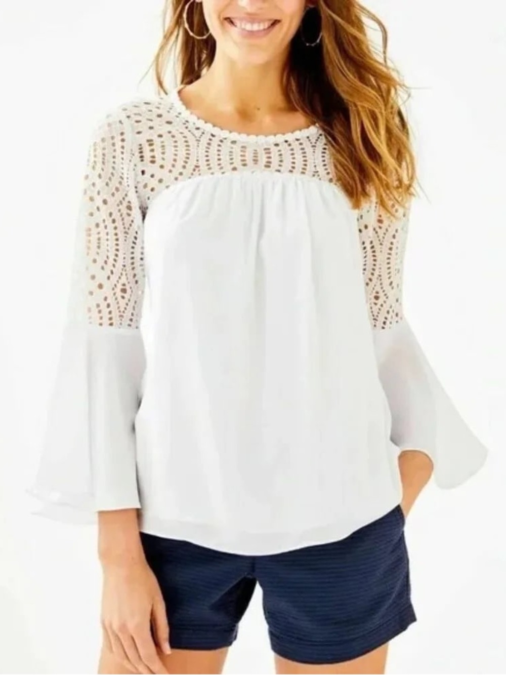 Lilly Pulitzer Amenna Top Flounce Sleeve Crochet Yoke Resort Size 10 White